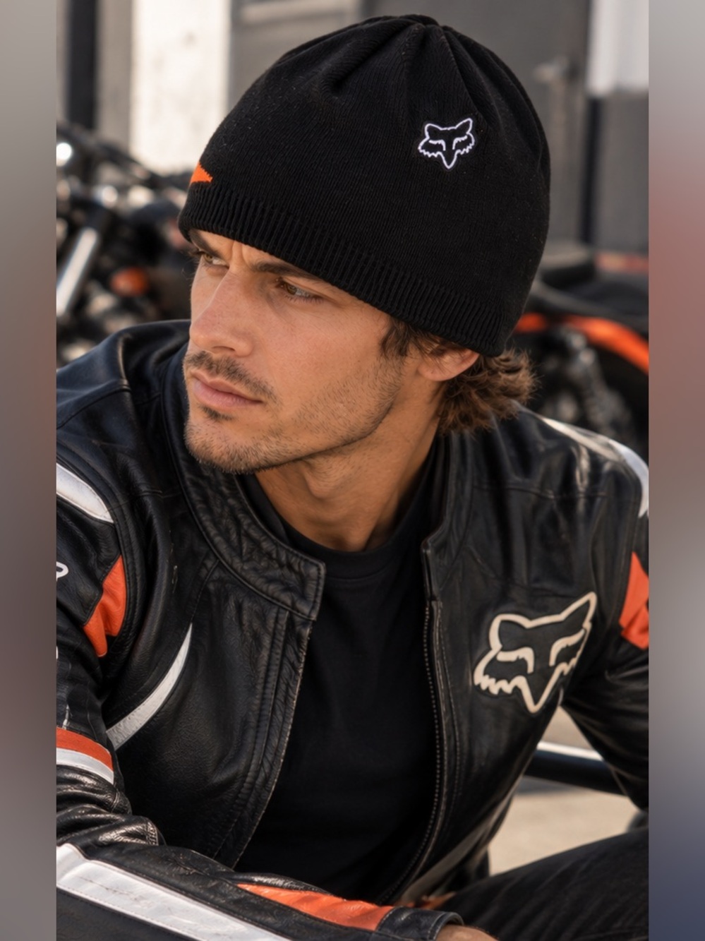 Fox Unisex Casual Racer Motorcrcoss Black Beanie with Orange Stripe One Size